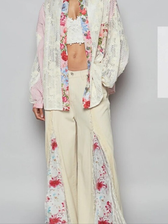 POL Pants - POL “Monroe 2“Wide Boho Cream Wide-Leg Patchwork Pants with Floral Panels Size S